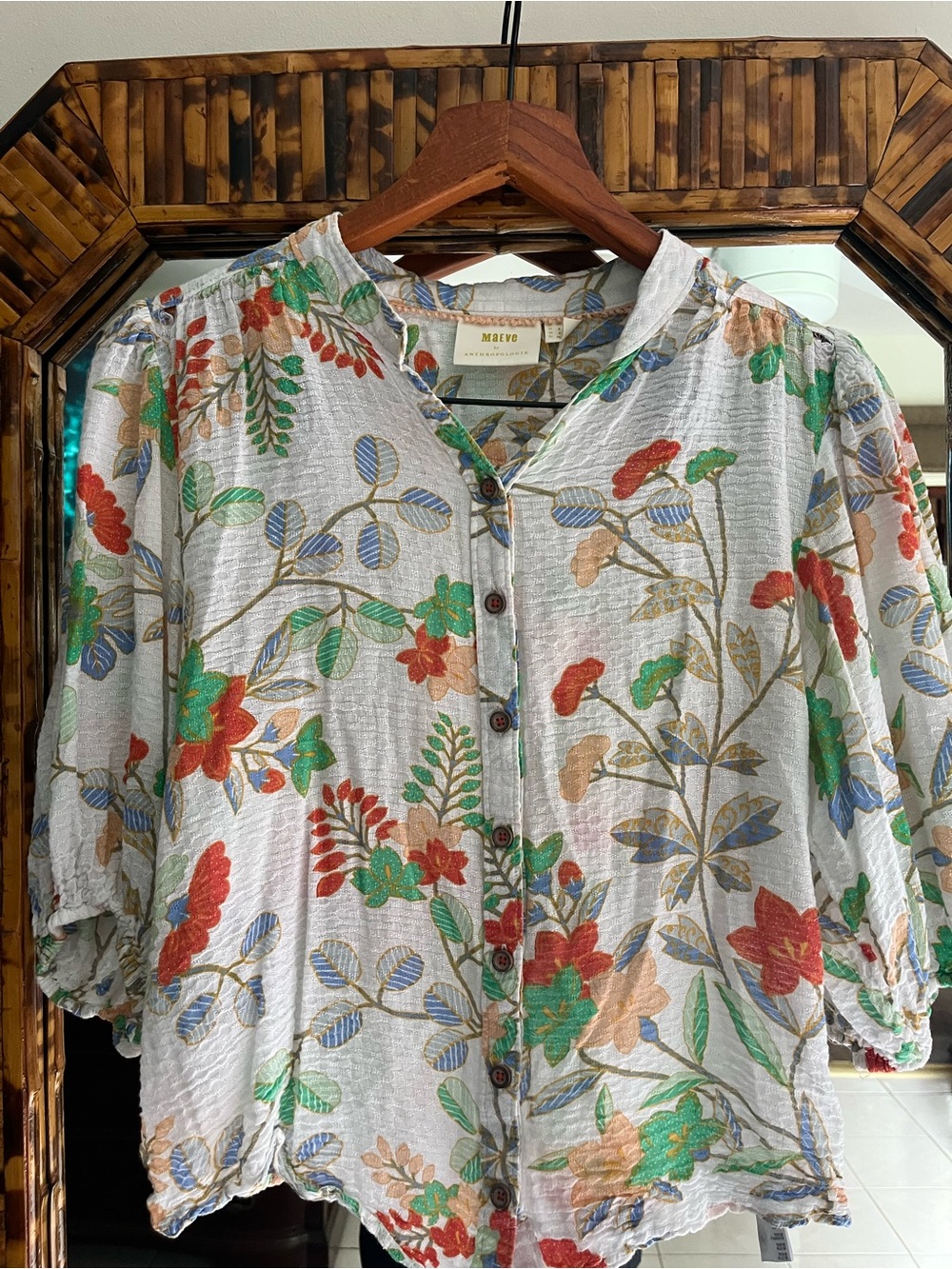 Maeve White Button-Front Floral Cotton Blouse